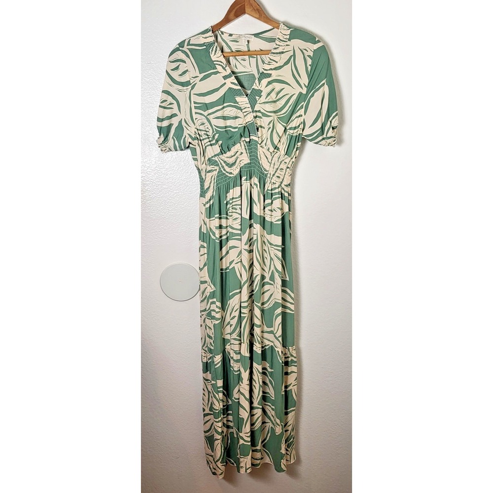 Fig and Flower Green Cream Floral Maxi Dress Sz XL Rushed Tiered Flowy Vacay